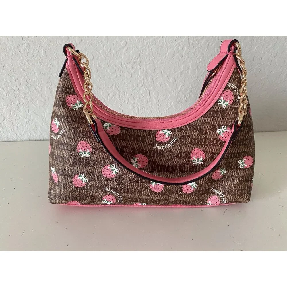 Juicy Couture Berry Sweet Hobo Bag Chestnut Chino‎ W/Strawberry Charm NEW